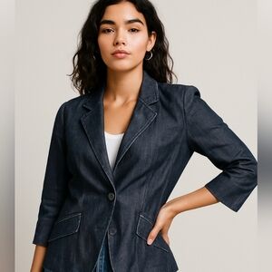 Coldwater Creek Women's Blazer, 3/4 Sleeve Cotton Blend Denim Navy Size 8 Petite